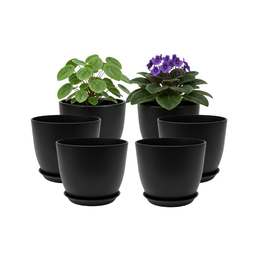 Vanslogreen Plant Pots 8 Inch Set of 6, Flower Pots with Drainage Holes and Saucer, Plastic Garden Planters for Indoor & Outdoor Plants (Black)