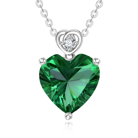 NFYBD 14k White Gold Love Heart Emerald Birthstone Pendant Necklace for Women 3 Carat Heart-cut Created Gemstone Anniversary Birthday Mother's Day Necklaces for Her-may