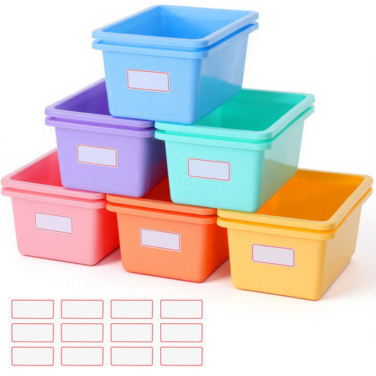 12 Pack Cubby Storage Bins Plastic, 11.4" X 7.6" X 4.9" Classroom Cubby Organization with Labels Stackable Multi-Purpose Toy Storage Tubs Containers for Classroom Office Library Home (Bright Color)