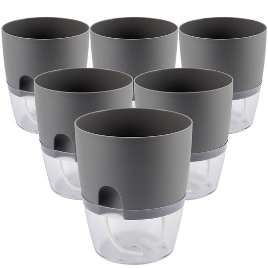 HAKZEON 6 Pack 6 Inch Plastic Self Watering Pots for Indoor Plants, Self Watering Flower Pots with Wick Ropes, Double-Layer Self Watering Planter Pots for Plants, Flowers, Herbs