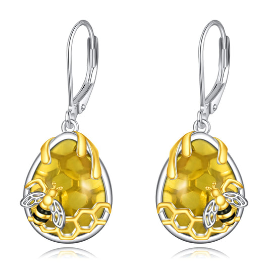 YFN Honeycomb Bee Earrings 925 Sterling Silver Amber Crystal Teardrop Dangle Drop Leverback Earring for Women