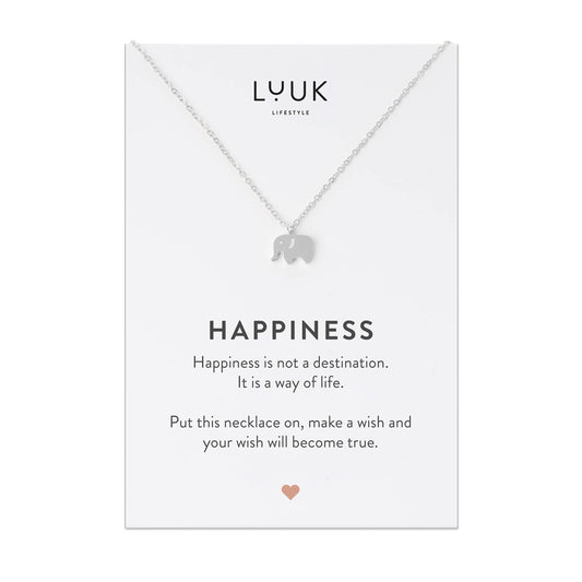 LUUK LIFESTYLE Necklace for women with elephant pendant and HAPPINESS gift card, chic and modern jewelry, stainless steel, feminine fashion for festival, special occasions, trendy look, silver