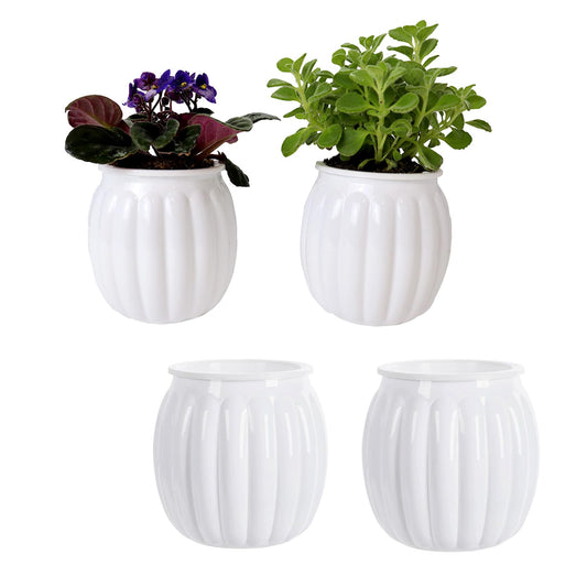 Cornasee 4" Pumpkin Planter Self Watering Pot, 4-Pack Small Plastic Planters for Indoor Plants,Flowers,Succulent,African Violets (White, 4")