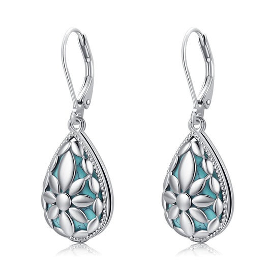 Teardrop Turquoise Jewelry for Women-Genuine Turquoise Leverback Earring 925 Sterling Silver Dangle Drop Earrings Vintage Gifts for Valentine/Mother's Day/Christmas