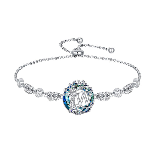 TOUPOP Tree of Life Initial Bracelet Sterling Silver Initials W Letter Link Bracelets Blue Circle Crystal Family Tree Birthday Mothers Day Jewelry Gifts for Women Mom Wife