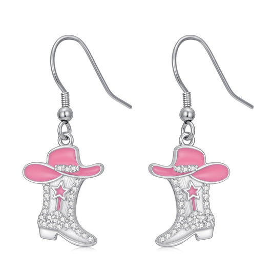 KoyeKei Pink Cowgirl Boot Earrings Western 925 Sterling Silver Pink Cowboy Texas Boot Country Dangle Drop Cubic Zirconia Earrings Western Jewelry Christmas Gifts for Women