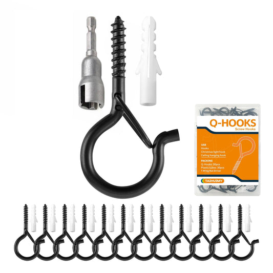 TAIHUIMY 40 PCS Q-Hanger Hooks with Safety Buckle, Windproof Screw Wall Ceiling Hooks for Outdoor String Lights Hanging Christmas Lights, Plants, with 1 Wing Nut Driver (Black, 40 Pack)