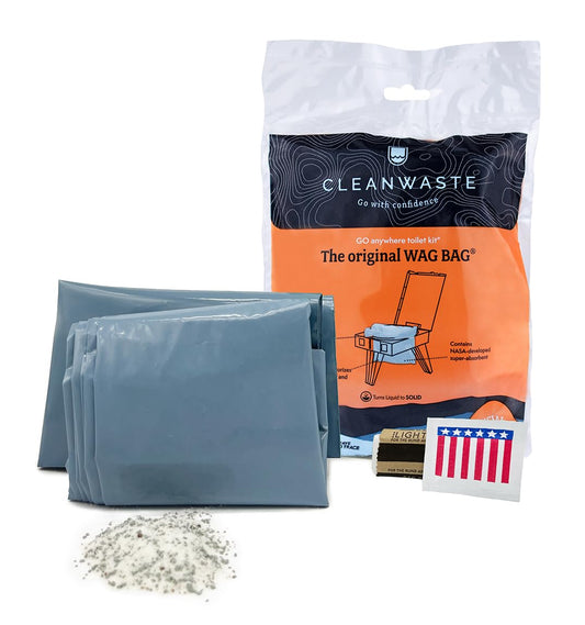 Cleanwaste Original WAG BAG - Go Anywhere Portable Toilet Kit (50 Pack) - Heavy Duty Odor Control Bags with NASA Gelling Poo Powder, Wipe, Toilet Paper (Camping, Road Trips, Emergencies, Boating)