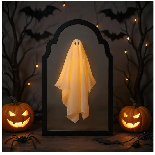 QIPECO Halloween Hologram Ghost Mirror with Creepy Eyes Night Light,Halloween Ghostmirror Spooky Halloween Haunted House Decor,Black Wood Frame (S)