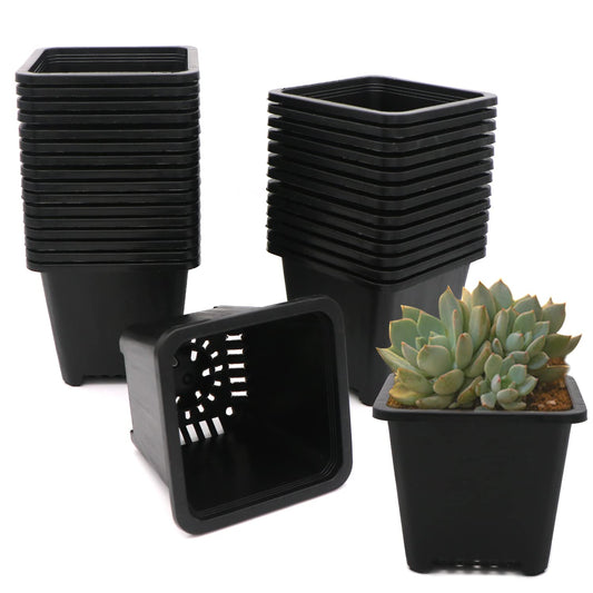 GOETOR 4 Inch Square Nursery Pots, 30 Pack Sturdy & Reusable Plastic Plant Containers Starter Pot with Drainage Holes for Seedlings, Succulents & Garden Plants, Black