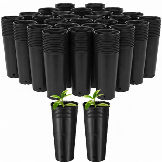 Ferrochef 100 Pack Tall Tree Pot 9.8'' x 4.7'', Black Plastic Deep Nursery Pots, Soft Deep Seedling Pots for Seed Starting, Plant Starter Cups with Drainage Holes for Flowers, Cuttings Transplanting
