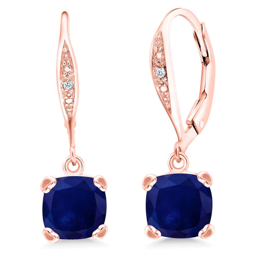 Gem Stone King Drop Dangle Earrings For Women | 7MM Cushion Cut Gemstone Birthstone and Diamond | 925 Sterling Silver | Jewelry Gift for Mom Wife Her | Blue Sapphire-September | Rose Gold