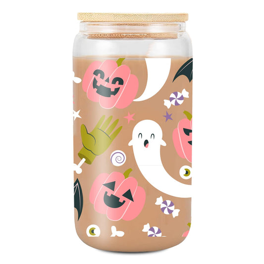 FIQZYOTHC Pink Pumpkin Halloween Cup, Spooky Iced Coffee Glass, 16oz Cute Ghosts Cups w/Lids Straws, Ghost Bats Décor Halloween Tumbler Gifts for Women, Teens, Girls, Boo Basket Stuffers