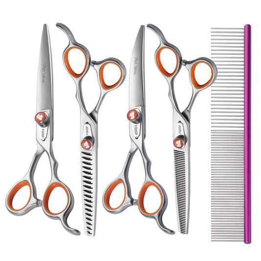 FOGOSP Professional Dog Grooming Scissors Kit Japan 440C Stainless Steel 7 in Curved Thinning Straight Chunker Shears and Comb 5pcs Set for Grooming Dogs Cat Pet