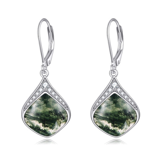 Moss Agate Earrings for Women Sterling Silver Cubic Zirconia Teardrop Drop cubic Zirconia Dangle Earrings Jewelry Gifts for Women