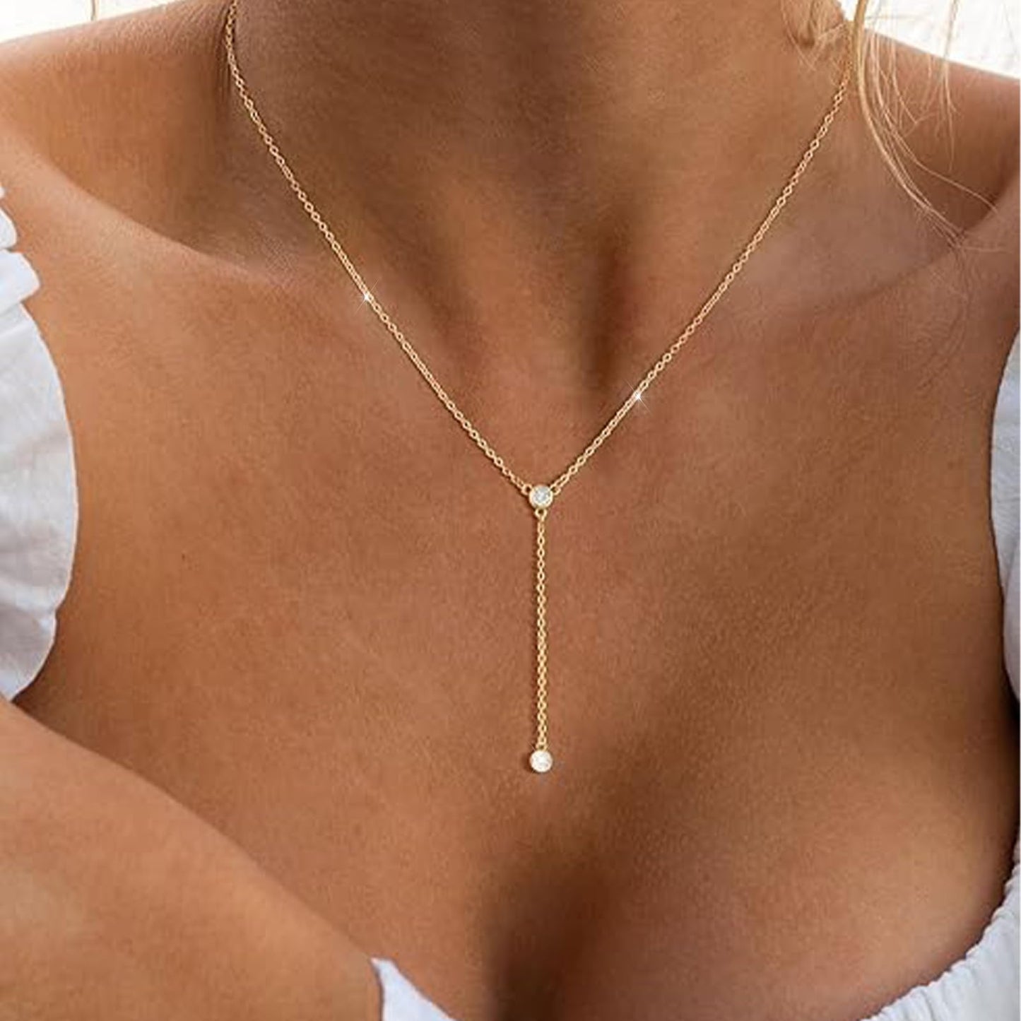 Zeffy Long Gold Necklace for Women- Dainty 14K Gold Plated Teardrop Drop Lariat Necklace Trendy Simple CZ Y-Shaped Body Chain Stack Wedding Prom Dangle Statement Necklace Jewelry Gifts