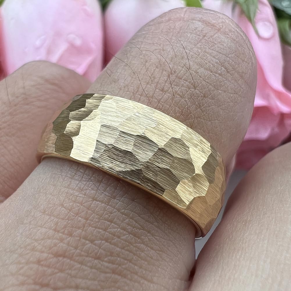 TUTISS 8mm Gold Hammered Tungsten Rings for Men Women Engagement Wedding Bands Domed Matte Finish Comfort Fit Size 6