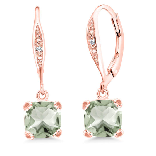 Gem Stone King Drop Dangle Earrings For Women | 7MM Cushion Cut Gemstone Birthstone and Diamond | 925 Sterling Silver | Jewelry Gift for Mom Wife Her | Prasiolite | Rose Gold