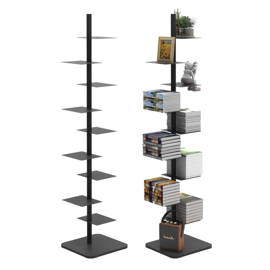 Choowin 9-Shelf Metal Spine Bookshelf Vertical Bookshelf, Adjustable Modern Floating Narrow Tree Book Shelf Book Tower, Display Shelf for Bedroom Living Room Office, 70 inch Tall, Black