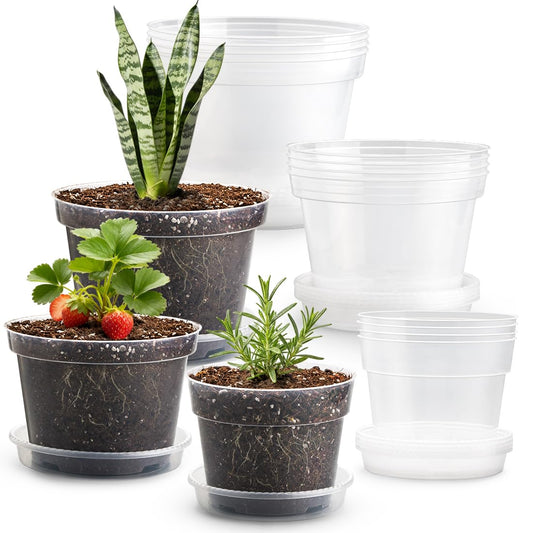 RooTrimmer 15 Pack 8/7/6 Inch Clear Nursery Pots with Saucer, Transparent Plastic Plant Pot with Drainage Hole, Sturdy Planting Starter Pots for Gardening Flower Herb Vegetable