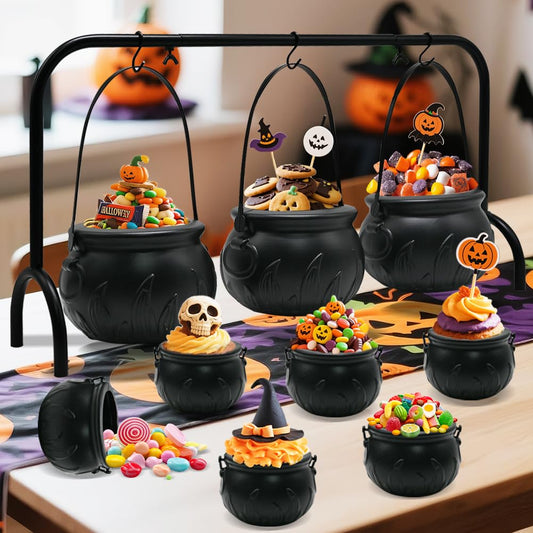 Halloween Cauldron Set with Rack - 3 Large & 6 Mini Black Plastic Flaming Cauldrons Candy Bowls for Indoor/Outdoor Hocus Pocus Party Decor, Witch Kitchen Serving & Haunted House Table Decorations