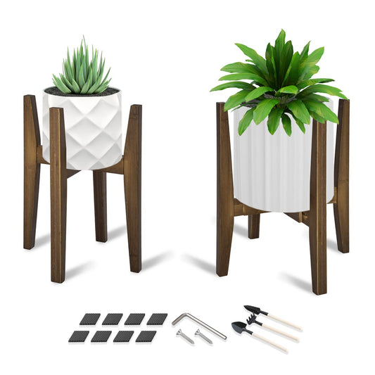 OERGKE 2 PACK Adjustable Plant Stand Indoor, Bamboo Mid Century Modern Plants Stands, Corner Flower Holder for Living Room, Fits 8 to 12 Inches Pots, (Pot & Plant Not Included)(Walnut)