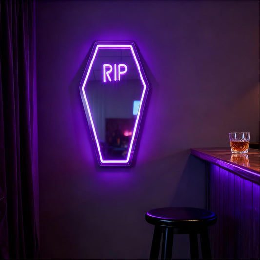 Coffin Shape RIP Neon Sign, USB Powered Dimmable Decorative Neon Light for Haunted House Gothic Spooky Theme Wall Table Decor Horror Party Gifts 19.9 x 12.2 In