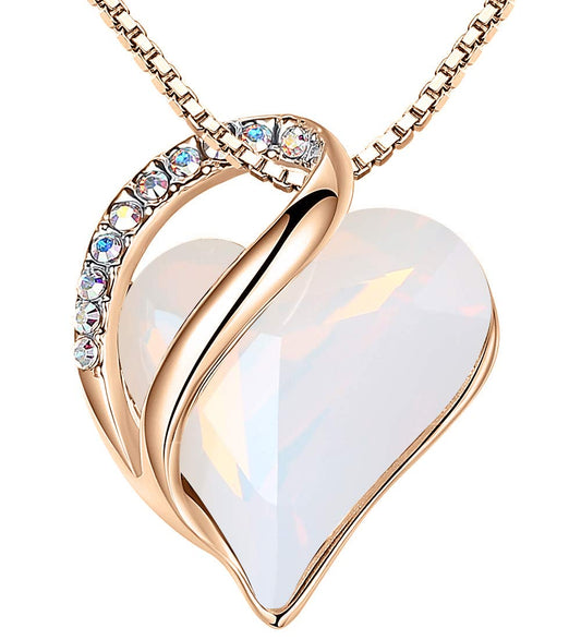 Leafael Gifts for Women Rose Gold Plated Necklaces: Heart Opal White Crystal, April Birthstone, Cubic Zirconia, Hypoallergenic Chain (18"+2"), Birthday Jewelry for Mom and Wife