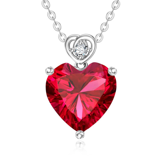 NFYBD 14k White Gold Love Heart Ruby Birthstone Pendant Necklace for Women 3 Carat Heart-cut Created Gemstone Anniversary Birthday Mother's Day Necklaces for Her-jul