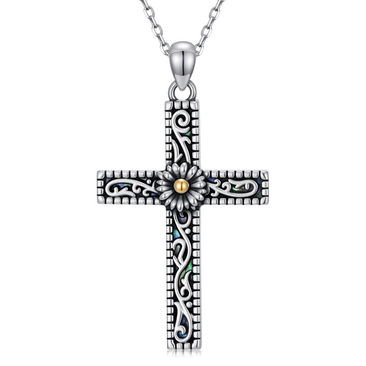KoyeKei Daisy Necklace 925 Sterling Silver for Women Daisy Flower Cross Filigree Necklaces Pendant Christian Religious Abalone Jewelry Gifts for Mothers Day Birthday Mom Grandma Sister