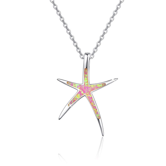 Cuoka Starfish Necklace, 925 Sterling Silver with Pink Opal, Hawaiian Beach Nautical Ocean Pendant, Starfish Jewelry Opal Jewelry Valentine for Women Girlfriend