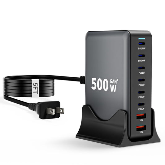 USB C Charger Block, 500W GaN 8 Port USBC Charging Station USB Hub Block Cube with PD3.0 Type C & USB A Wall Charger Power Adapter for Multiple Devices Apple iPhone 17/16/15,MacBook Pro/Air,iPad-Black