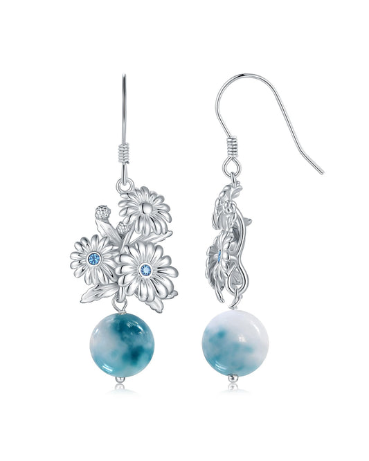 Daisy Dangle Earrings for Women - 925 Sterling Silver Blue Chalcedony Elegant Jewelry Daisy Gifts for Wife Girlfriend