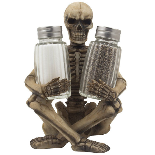 Scary Skeleton Glass Salt and Pepper Shaker Set with Decorative Spice Rack Display Stand Holder Figurine for Spooky Halloween Party Decorations and Skulls & Skeletons Kitchen Décor As Gothic Gifts