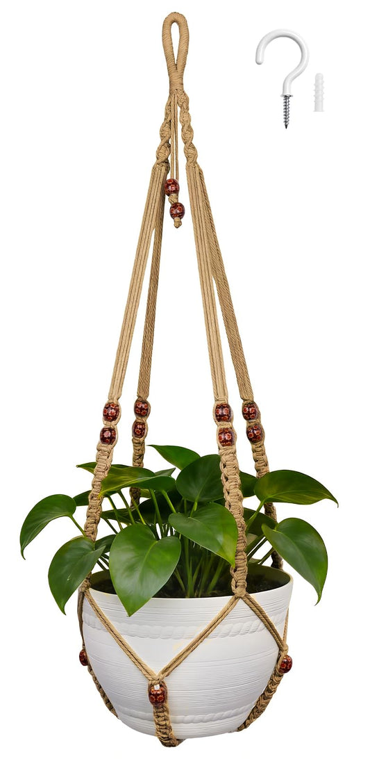 HOREAKHJ 35 Inch Macrame Plant Hanger, Large for up to 15 Inch Pot Extra Long Hanging Planter Holder Basket with Wood Beads for Indoor Outdoor Home Decor (Brown, 1-Pack)
