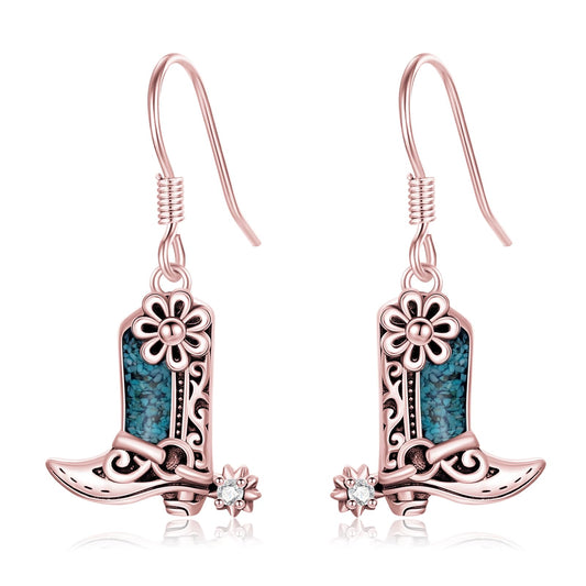 KoyeKei Rose Gold Cowboy Boot Earrings 925 Sterling Silver Pink Cowgirl Texas Boot Dangle Drop Earrings Western Turquoise Jewelry Country Gifts for Women