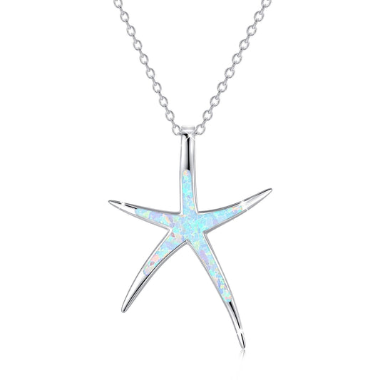 Cuoka Starfish Necklace, 925 Sterling Silver with White Opal, Hawaiian Beach Nautical Ocean Pendant, Starfish Jewelry Opal Jewelry Valentine for Women Girlfriend