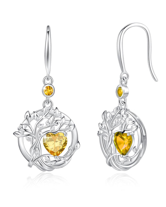 FANCIME Tree of Life Earrings 925 Sterling Silver Dainty Yellow Citrine Dangle Drop Gemstone Earring November Birthstone Fine Jewelry Birthday Mothers Day Gifts for Mom Her Women