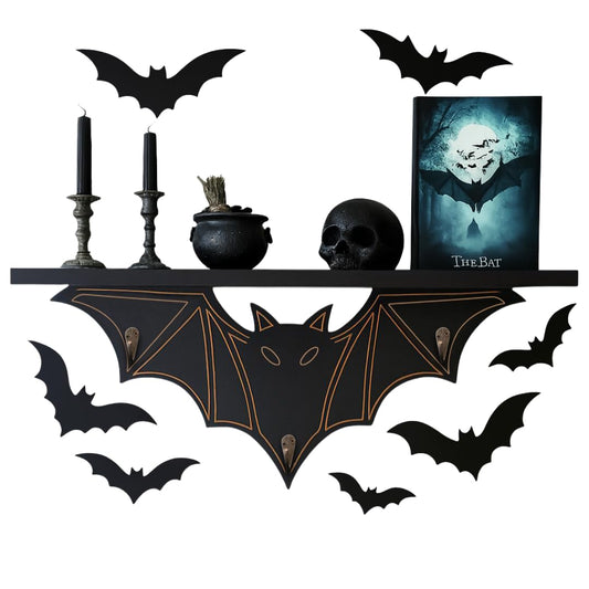 Gothic Bat Shelf Wall Decor with Hooks - Valentines Spooky Goth Themed Gifts for Adults Women with Bat Stickers - Black Floating Shelf for Bedroom Living Room - Unique Vampire Room Lovers Accessories