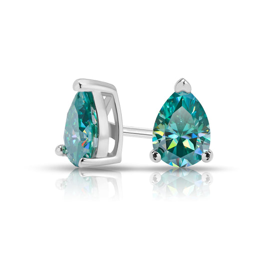 GIGAJEWE Blue Green Color Moissanite Stud Earrings Pear Cut Moissanite Earrings 2.0ct/pair,18K Gold Plated 925 Steling Silver, Stud Earrings For Women (Pear-cyan)
