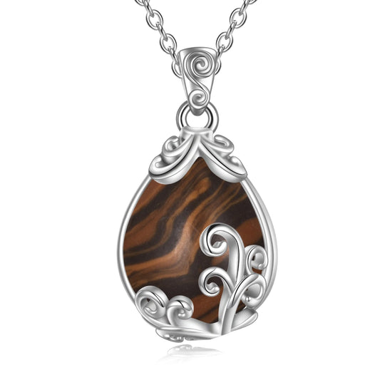 POPLYKE Sterling Silver Tiger Eye Filigree Teardrop Necklace Filigree Pendant Jewelry Gifts for Women