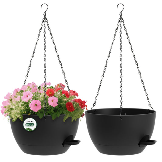 AHJZO 2 Pack 12 Hanging Flower Pots with Chains Self Watering Plastic Planters for Indoor Outdoor Plants, Sturdy Triangular Iron Chain Design for Garden PorchPlastic Hanging Flower pots (2, Black)