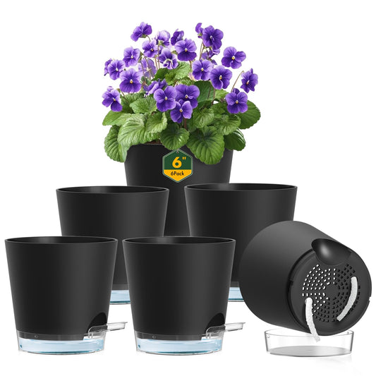 Meowell 6 inch Self Watering Pots for Indoor Outdoor Plants, 6 Pack Flower Plant Pots with Drainage Holes and Clear Reservoirs, Visible Water Level, Plastic Planters with Wicking Rope, Black