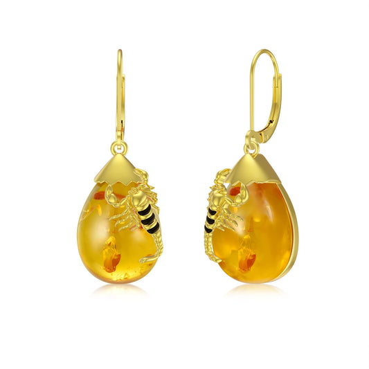 TIGER RIDER Scorpion Amber 925 Sterling Silver French Clasp Earrings Dangle Earrings Jewelry Gift for Women