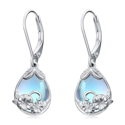 KoyeKei Hibiscus Earrings for Women 925 Sterling Silver Hibiscus Flower Hawaii Moonstone Dangle Drop Leverback Earrings Hawaiian Jewelry Graduation Birthday Gifts for Girlfriend Her Lover
