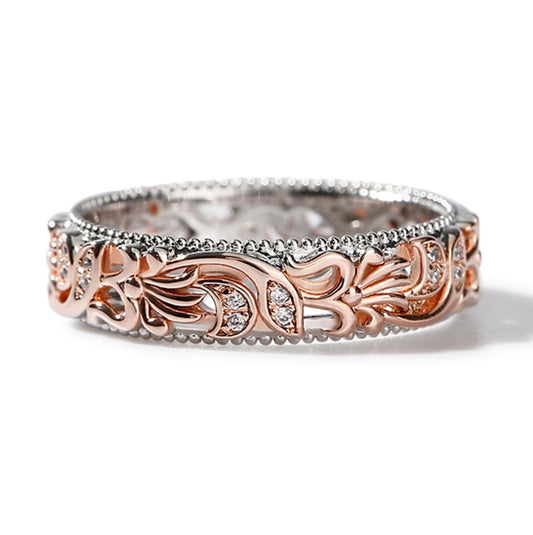 Jeulia Floral Ring Band Sterling Silver Two Tone Leaf Carved Vintage Unique Hollow Flower Rose Gold Jewelry Engagement Wedding Bridal Sets Stackable Anniversary Promise with Gift Box (Floral, 10.5)