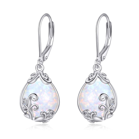 POPLYKE Opal Filigree Teardrop Drop Dangle Earrings Sterling Silver Leverback Earrings Opal Jewelry Gifts for Women