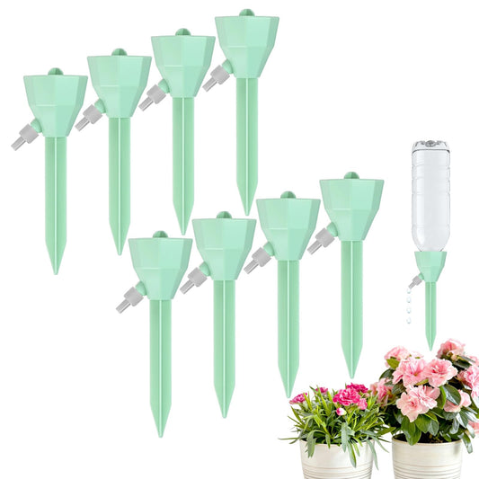 M METERXITY 8-Pack Self Watering Spikes for Plants, 5.3 Inch Plastic Plant Watering Devices with 8 Stoppers for Indoor/Outdoor Pots, Garden Water Planter System [Green]