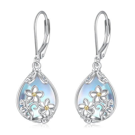 POPLYKE Moonstone Plumeria Teardrop Drop Dangle Earrings Sterling Silver Leverback Earrings Moonstone Jewelry Gifts for Women
