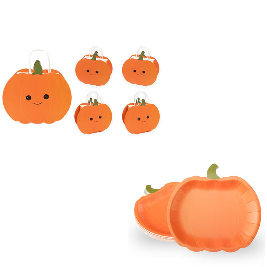 Cheerland Thanksgiving Party Decorations Pumpkin Shaped Paper Plates with Treat Bags for Autumn Fall Theme Birthday Baby Shower Summerween Harvest Party Supplies